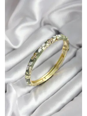 Mineli Pirinç Yeşil Çiçek Desenli Zirkon Taşlı Gold Renk Kadın Kelepçe (çap 60 mm)
