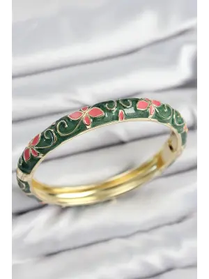Mineli Pirinç Yeşil Çiçek Motifli Gold Kadın Kelepçe