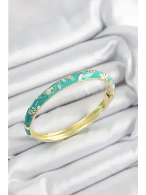 Mineli Pirinç Yeşil Çiçek Motifli Gold Renk Kadın Kelepçe