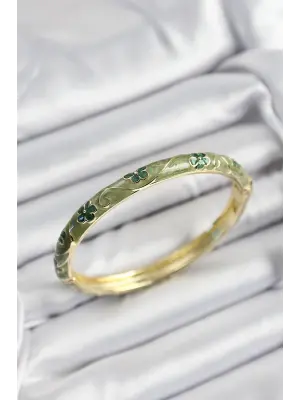 Mineli Pirinç Yeşil Çiçek Motifli Gold Renk Kadın Kelepçe