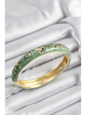 Mineli Pirinç Yeşil Çiçek Motifli Gold Renk Kadın Kelepçe