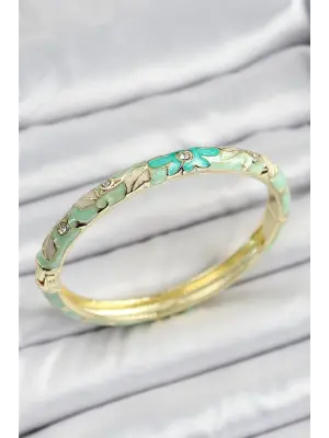 Mineli Pirinç Yeşil Çiçek Motifli Kadın Kelepçe