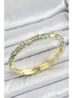 Mineli Pirinç Yeşil Çiçek Motifli Kadın Kelepçe