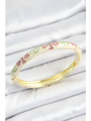 Mineli Pirinç Yeşil Pembe Çiçek Desenli Gold Renk Kadın Kelepçe