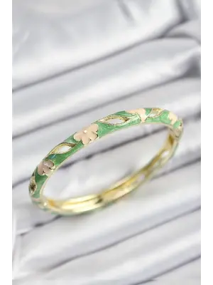 Mineli Pirinç Yeşil Ve Krem Çiçek Motifli Gold Renk Kadın Kelepçe