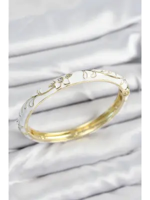 Mineli Pirinç Zirkon Taşlı Beyaz Çiçek Motifli Gold Kadın Kelepçe