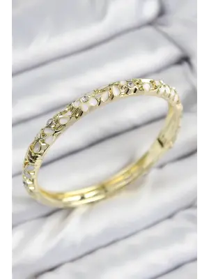 Mineli Pirinç Zirkon Taşlı Beyaz Çiçek Motifli Gold Kadın Kelepçe