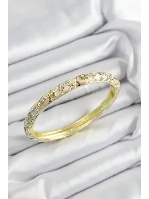 Mineli Pirinç Zirkon Taşlı Beyaz Pembe Çiçek Motifli Gold Renk Kadın Kelepçe