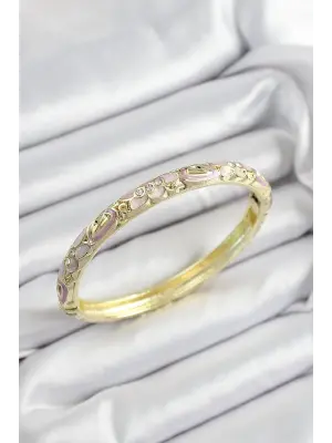 Mineli Pirinç Zirkon Taşlı Fuşya Çiçek Motifli Gold Renk Kadın Kelepçe