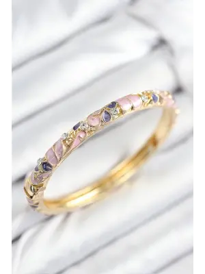 Mineli Pirinç Zirkon Taşlı Fuşya Mor Çiçek Motifli Gold Kadın Kelepçe