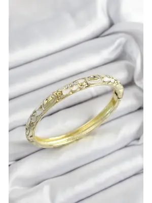 Mineli Pirinç Zirkon Taşlı Gri Beyaz Çiçek Motifli Gold Renk Kadın Kelepçe