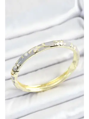 Mineli Pirinç Zirkon Taşlı Gri Çiçek Desenli Gold Renk Kadın Kelepçe