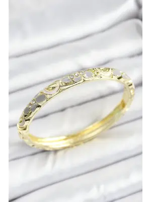 Mineli Pirinç Zirkon Taşlı Gri Çiçek Desenli Gold Renk Kadın Kelepçe