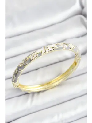 Mineli Pirinç Zirkon Taşlı Gri Çiçek Desenli Gold Renk Kadın Kelepçe