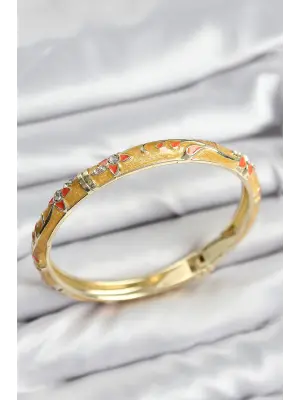 Mineli Pirinç Zirkon Taşlı Hardal Çiçek Motifli Gold Kadın Kelepçe