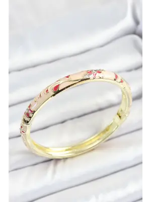 Mineli Pirinç Zirkon Taşlı Kırmızı Çiçek Desenli Gold Renk Kadın Kelepçe