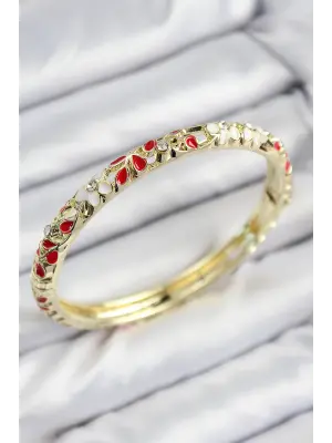 Mineli Pirinç Zirkon Taşlı Kırmızı Çiçek Motifli Gold Kadın Kelepçe