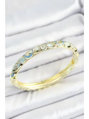 Mineli Pirinç Zirkon Taşlı Mavi Çiçek Desenli Gold Renk Kadın Kelepçe