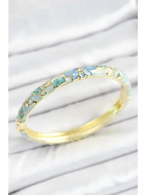 Mineli Pirinç Zirkon Taşlı Mavi Çiçek Desenli Gold Renk Kadın Kelepçe