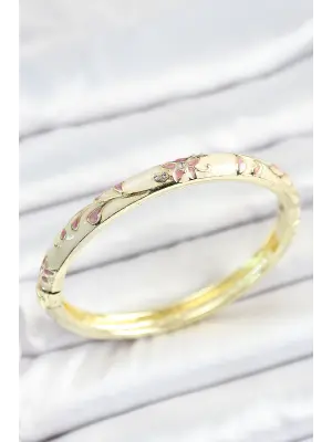Mineli Pirinç Zirkon Taşlı Pembe Çiçek Desenli Gold Renk Kadın Kelepçe