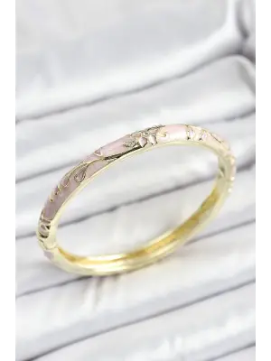 Mineli Pirinç Zirkon Taşlı Pembe Çiçek Desenli Gold Renk Kadın Kelepçe