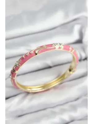 Mineli Pirinç Zirkon Taşlı Pembe Çiçek Motifli Gold Kadın Kelepçe