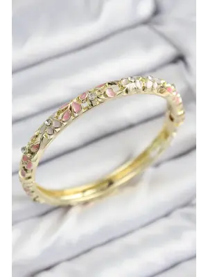 Mineli Pirinç Zirkon Taşlı Pembe Çiçek Motifli Gold Kadın Kelepçe