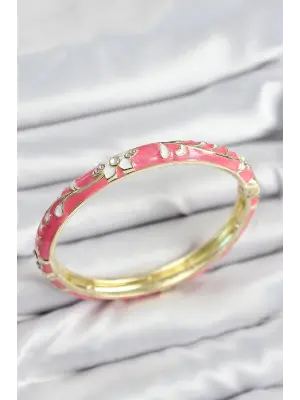 Mineli Pirinç Zirkon Taşlı Pembe Çiçek Motifli Gold Kadın Kelepçe