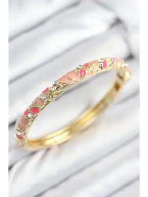 Mineli Pirinç Zirkon Taşlı Pembe Çiçek Motifli Gold Kadın Kelepçe