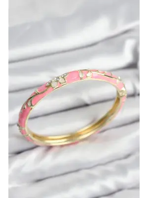 Mineli Pirinç Zirkon Taşlı Pembe Çiçek Motifli Gold Kadın Kelepçe
