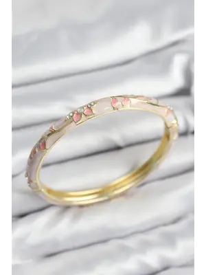 Mineli Pirinç Zirkon Taşlı Pembe Çiçek Motifli Gold Kadın Kelepçe