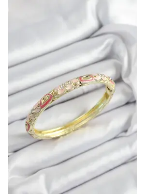 Mineli Pirinç Zirkon Taşlı Pembe Çiçek Motifli Gold Renk Kadın Kelepçe