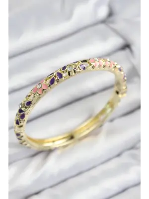 Mineli Pirinç Zirkon Taşlı Pembe Mor Çiçek Motifli Gold Kadın Kelepçe