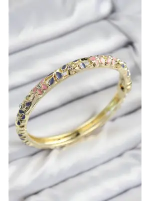 Mineli Pirinç Zirkon Taşlı Pembe Mor Çiçek Motifli Gold Kadın Kelepçe