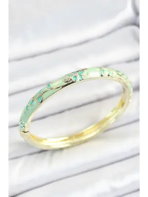 Mineli Pirinç Zirkon Taşlı Su Yeşili Çiçek Desenli Gold Renk Kadın Kelepçe