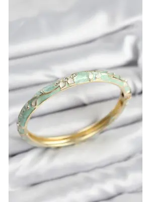 Mineli Pirinç Zirkon Taşlı Su Yeşili Çiçek Motifli Gold Kadın Kelepçe