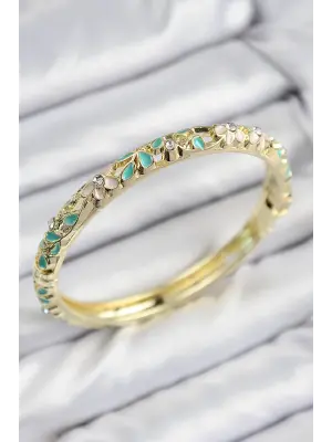 Mineli Pirinç Zirkon Taşlı Turkuaz Çiçek Motifli Gold Kadın Kelepçe