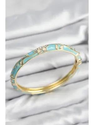 Mineli Pirinç Zirkon Taşlı Turkuaz Çiçek Motifli Gold Kadın Kelepçe