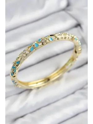 Mineli Pirinç Zirkon Taşlı Turkuaz Krem Çiçek Motifli Gold Kadın Kelepçe