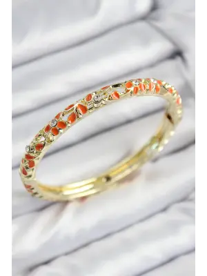 Mineli Pirinç Zirkon Taşlı Turuncu Çiçek Motifli Gold Kadın Kelepçe