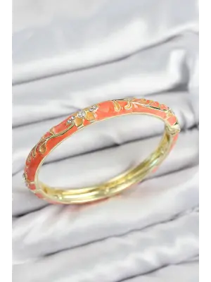Mineli Pirinç Zirkon Taşlı Turuncu Çiçek Motifli Gold Kadın Kelepçe