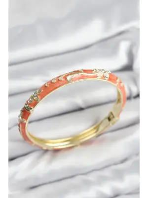 Mineli Pirinç Zirkon Taşlı Turuncu Çiçek Motifli Gold Kadın Kelepçe