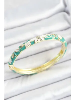 Mineli Pirinç Zirkon Taşlı Yeşil Beyaz Çiçek Desenli Gold Renk Kadın Kelepçe