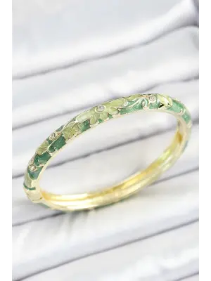 Mineli Pirinç Zirkon Taşlı Yeşil Çiçek Desenli Gold Renk Kadın Kelepçe