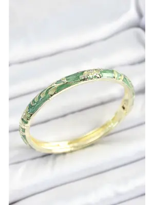 Mineli Pirinç Zirkon Taşlı Yeşil Çiçek Desenli Gold Renk Kadın Kelepçe