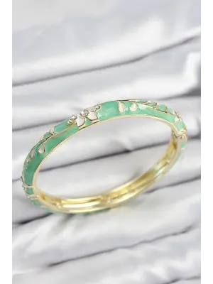 Mineli Pirinç Zirkon Taşlı Yeşil Çiçek Motifli Gold Kadın Kelepçe