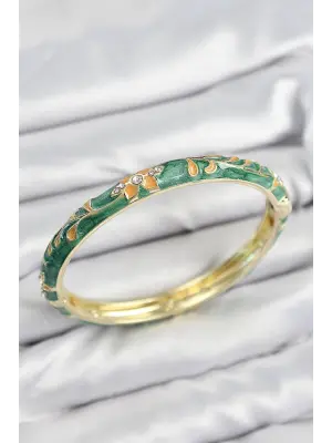 Mineli Pirinç Zirkon Taşlı Yeşil Çiçek Motifli Gold Kadın Kelepçe