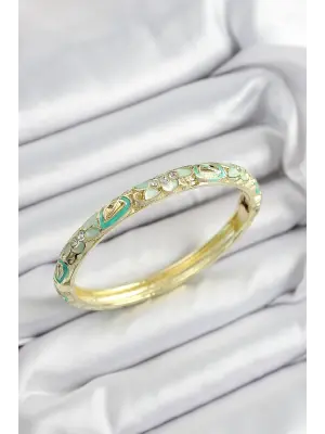 Mineli Pirinç Zirkon Taşlı Yeşil Çiçek Motifli Gold Renk Kadın Kelepçe
