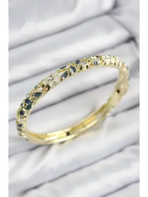 Mineli Pirinç Zirkon Taşlı Yeşil Krem Çiçek Motifli Gold Kadın Kelepçe