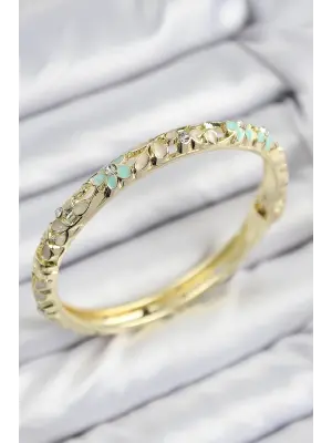 Mineli Pirinç Zirkon Taşlı Yeşil Krem Çiçek Motifli Gold Kadın Kelepçe